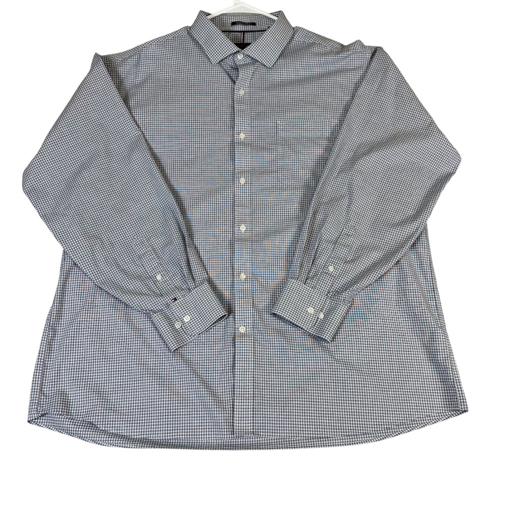 Tommy Hilfiger Mens XXL Blue Gingham Regular Fit Stretch Wrinkle Resistant Shirt